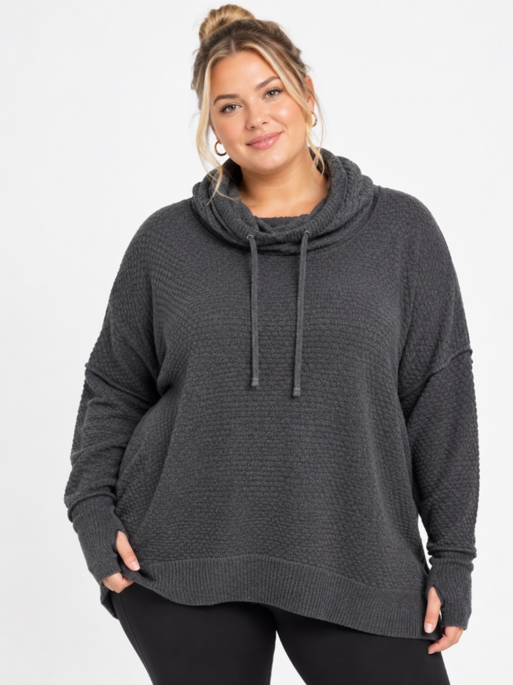 Cynthia Rowley 3X Gray Waffle Knit Drawstring Cowl Neck - Activewear -Thumbhole